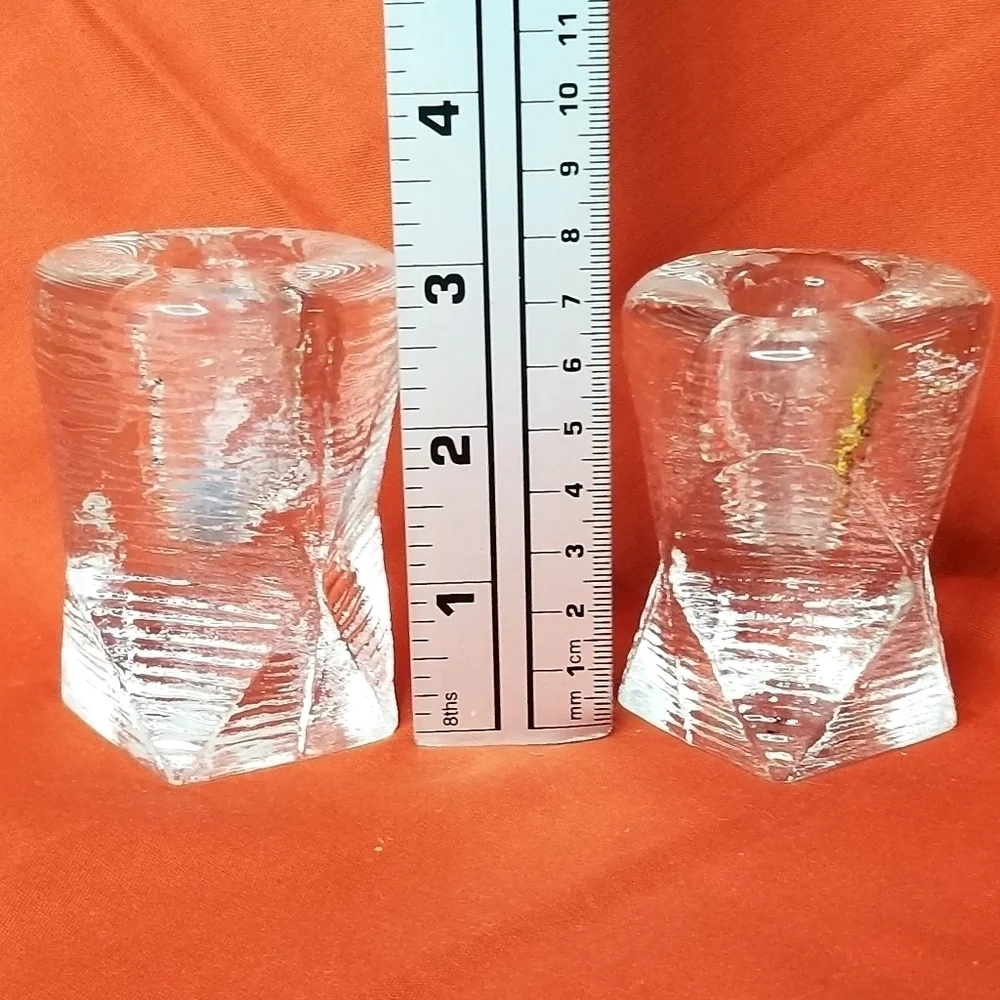2 Vintage Rare Structural 3D Textured Glass Candlestick Holders MCM style